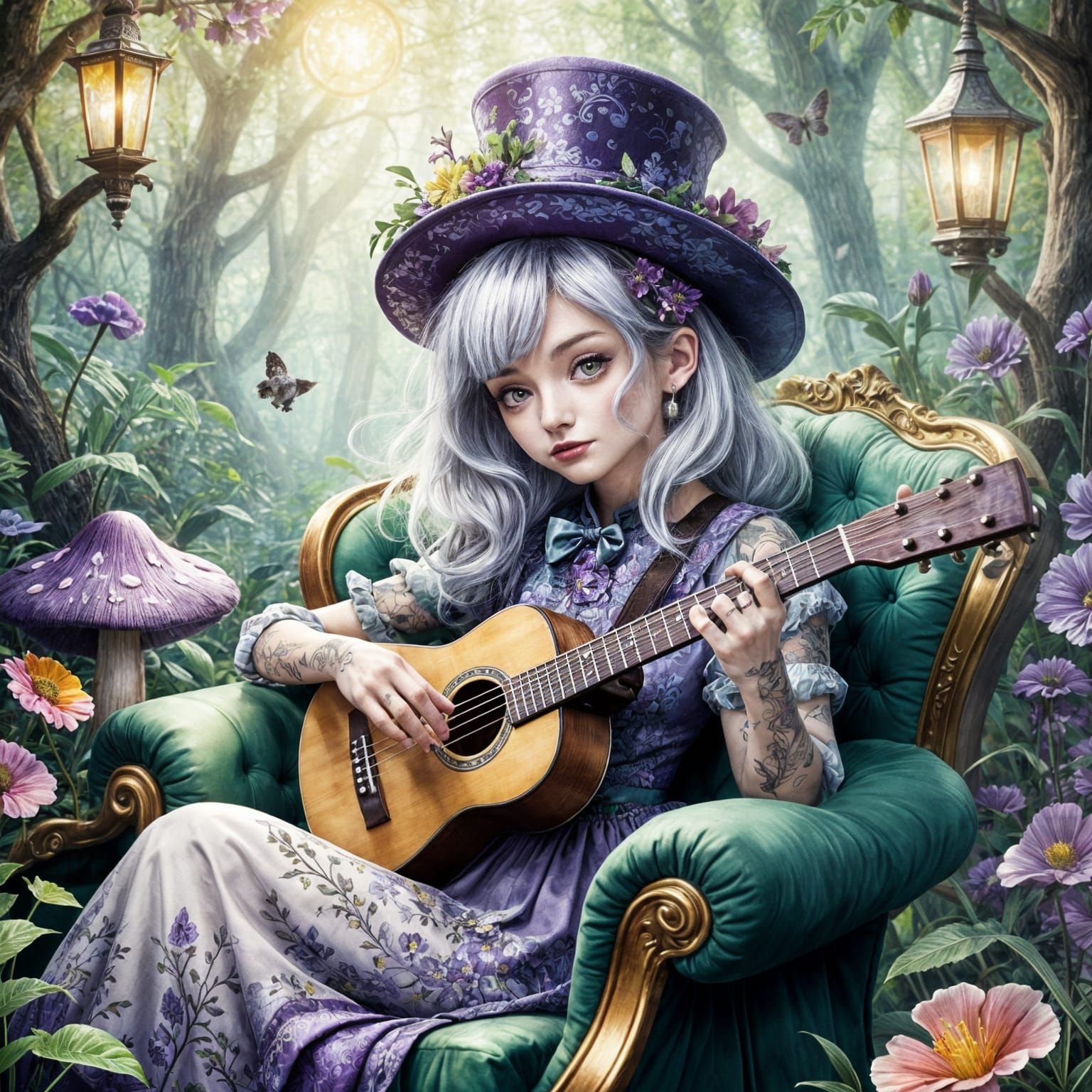 Whimsical Forest Scene with Woman Playing Ukulele