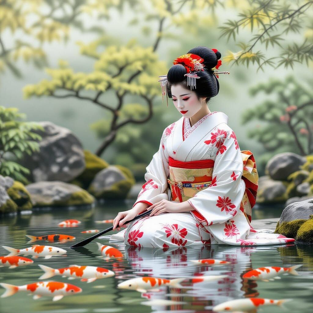 Geisha Playing with Koi Fish in Zen Garden
