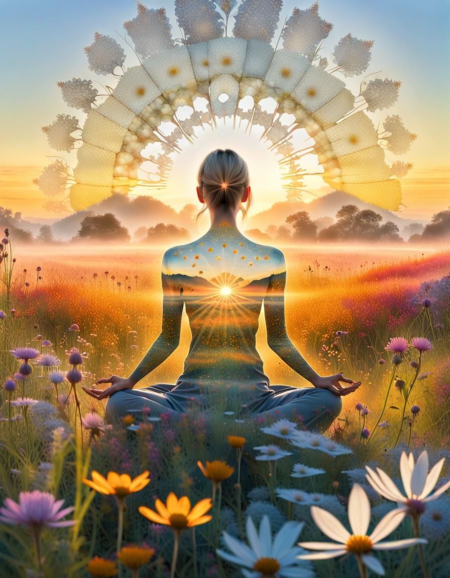 Surreal Sunrise Landscape with Meditating Silhouette