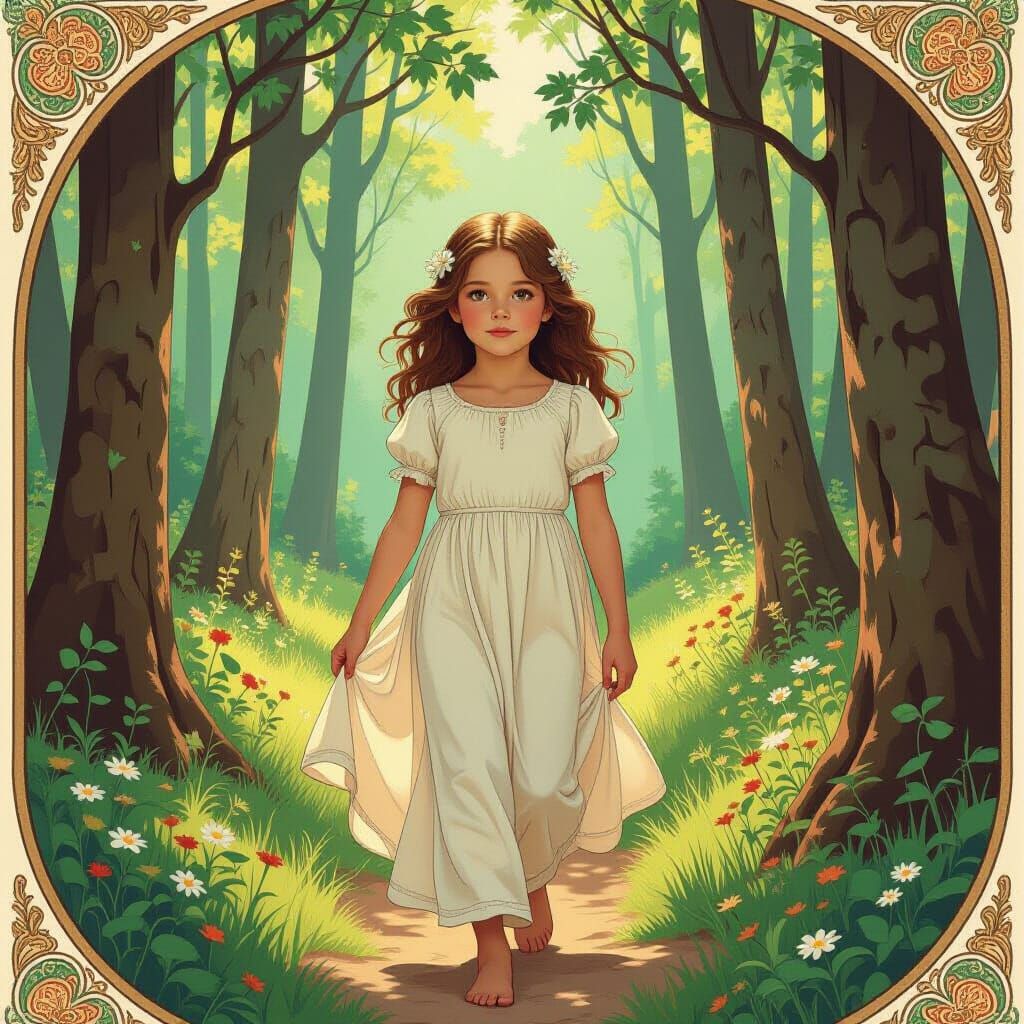Girl in Forest, Art Nouveau Style