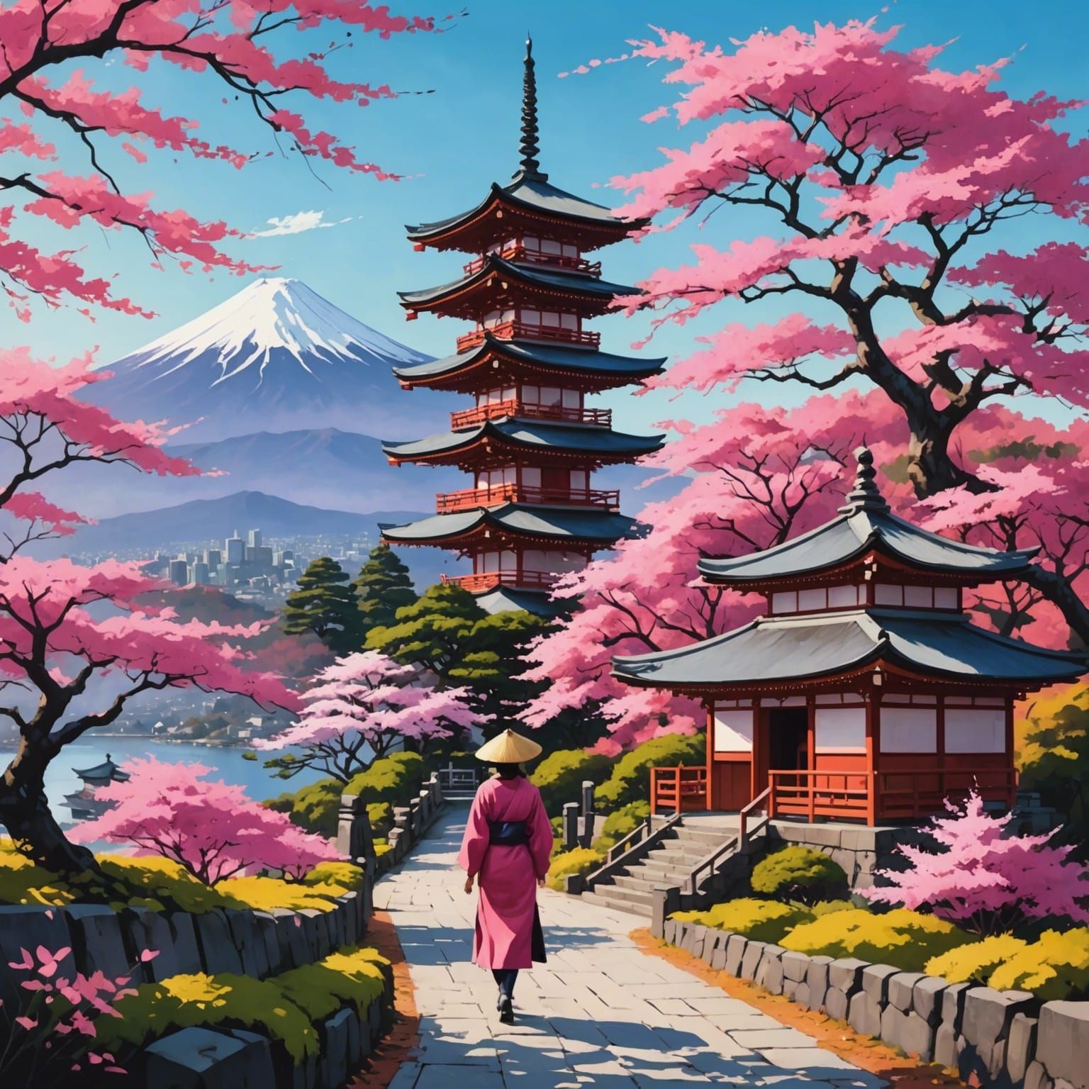 Japanese Garden Scene with Mt. Fuji as Graffiti Art