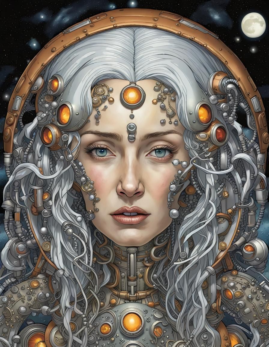 Gigantic Moon Goddess in Futuristic Space