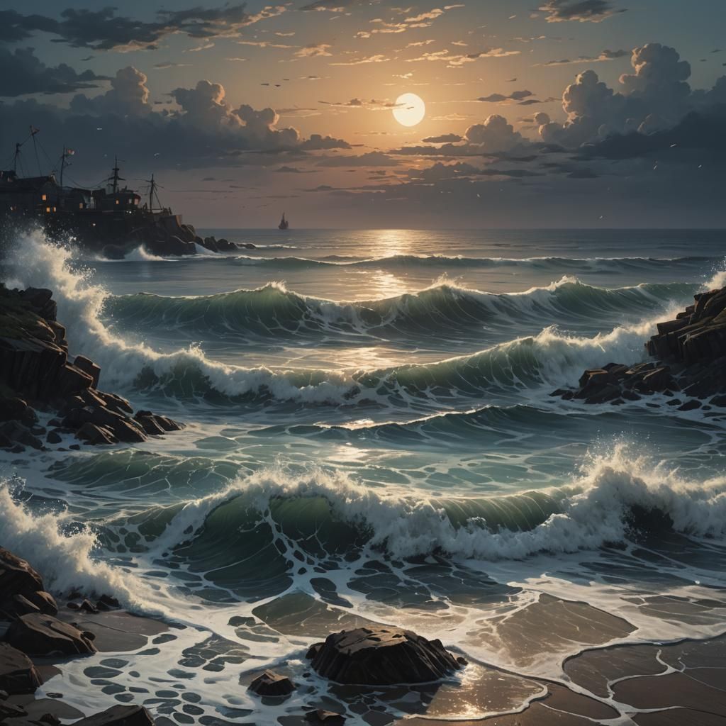 Hyperrealistic Ghost Waits for Dawn on Empty Sea