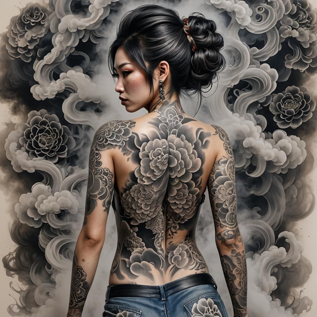 Tattooed Yakuza Girl Made of Smoke