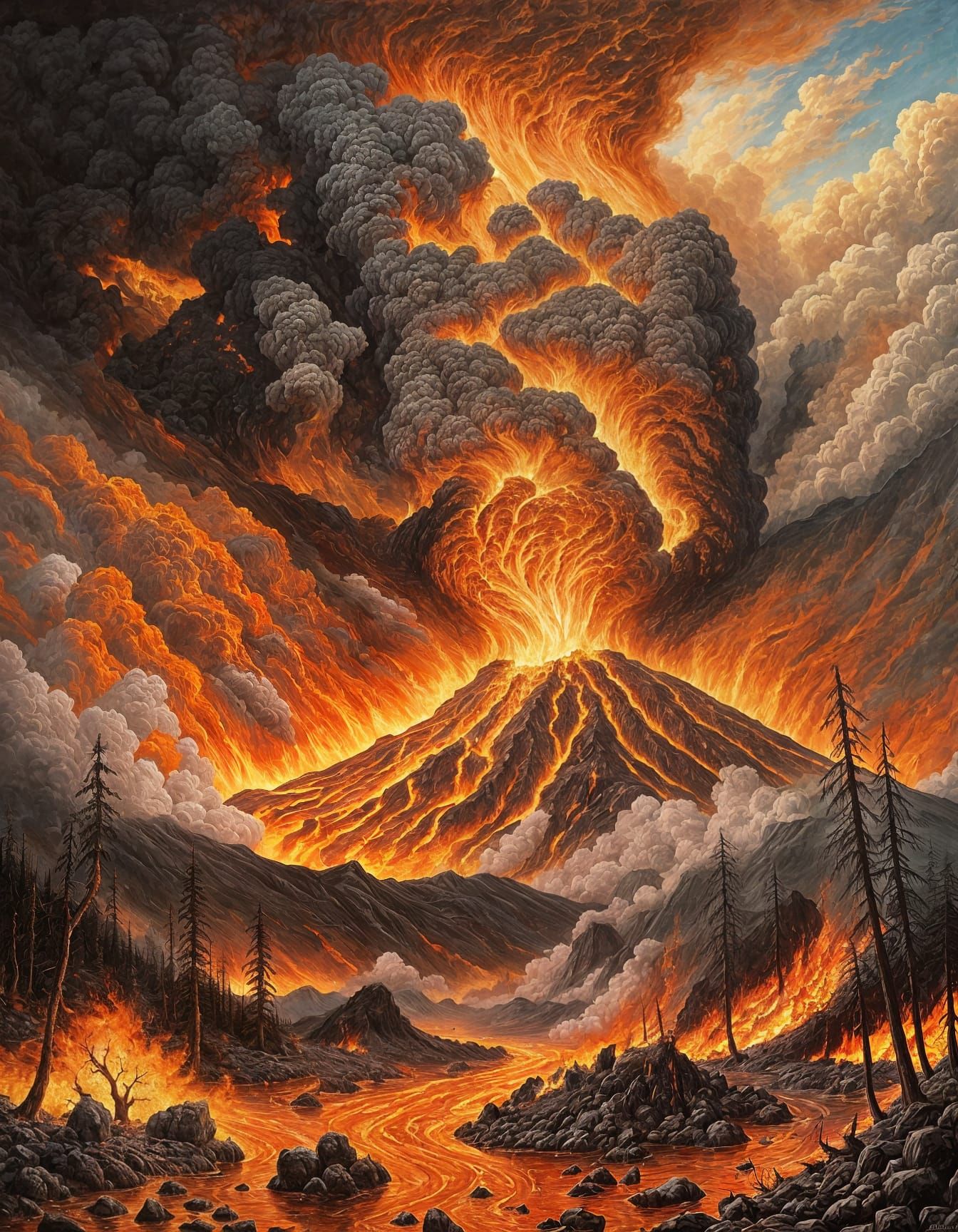 Violently Erupting Volcano Painting in Hyperrealistic Style