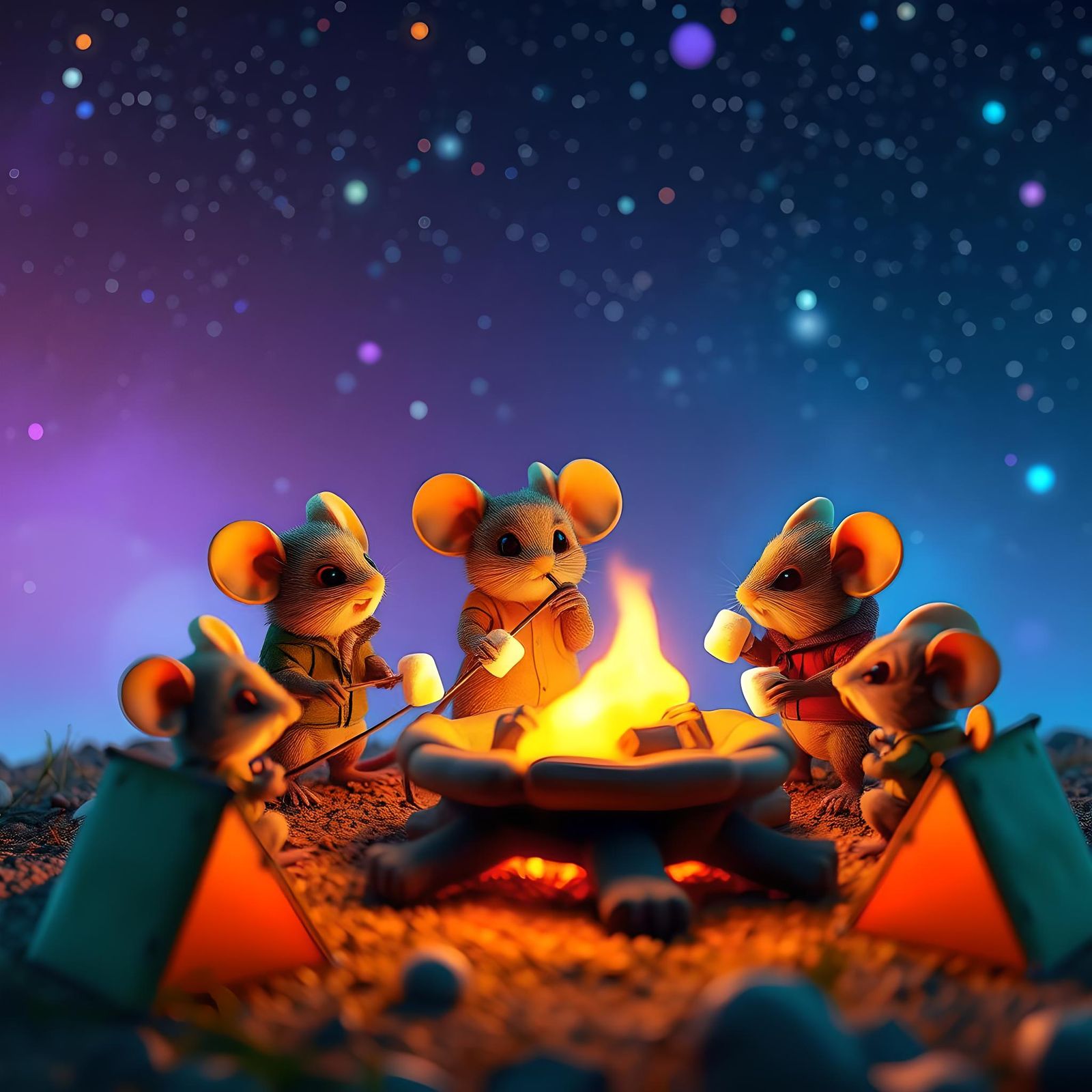 Mice Camping Under Stars: Pixar-Style 3D Digital Art