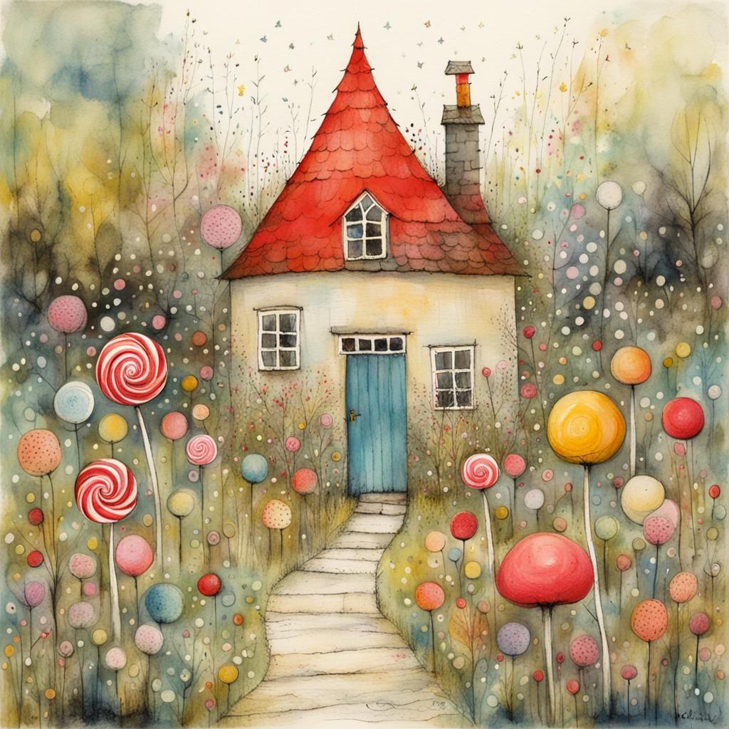 Candy House in Magical Garden, Whimsical Illustration