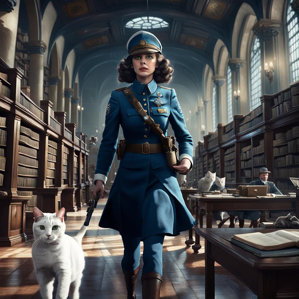 WW2 Soldiers Raid Library with Woman and Cat