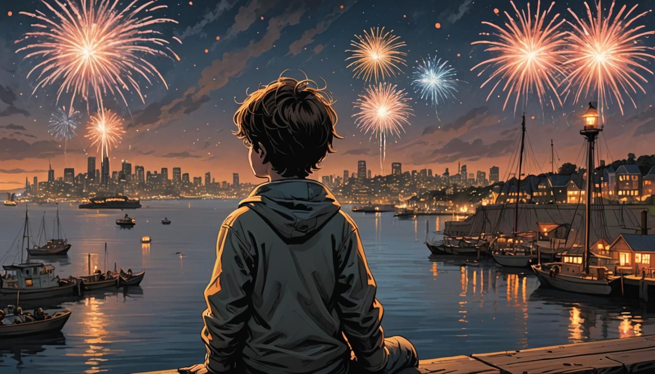 Fireworks Display Watched by Novice, Comic Book Art