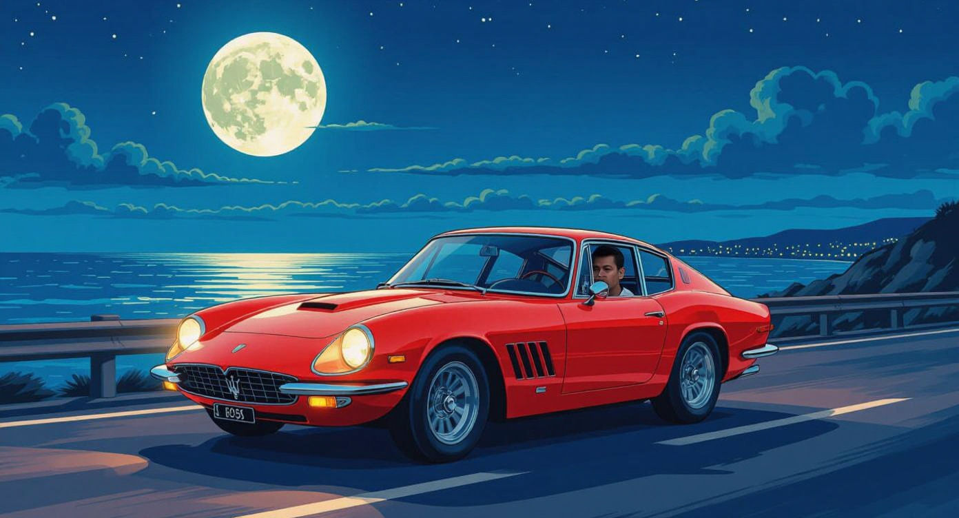 Crimson Maserati Mistral at Night: Comic Art