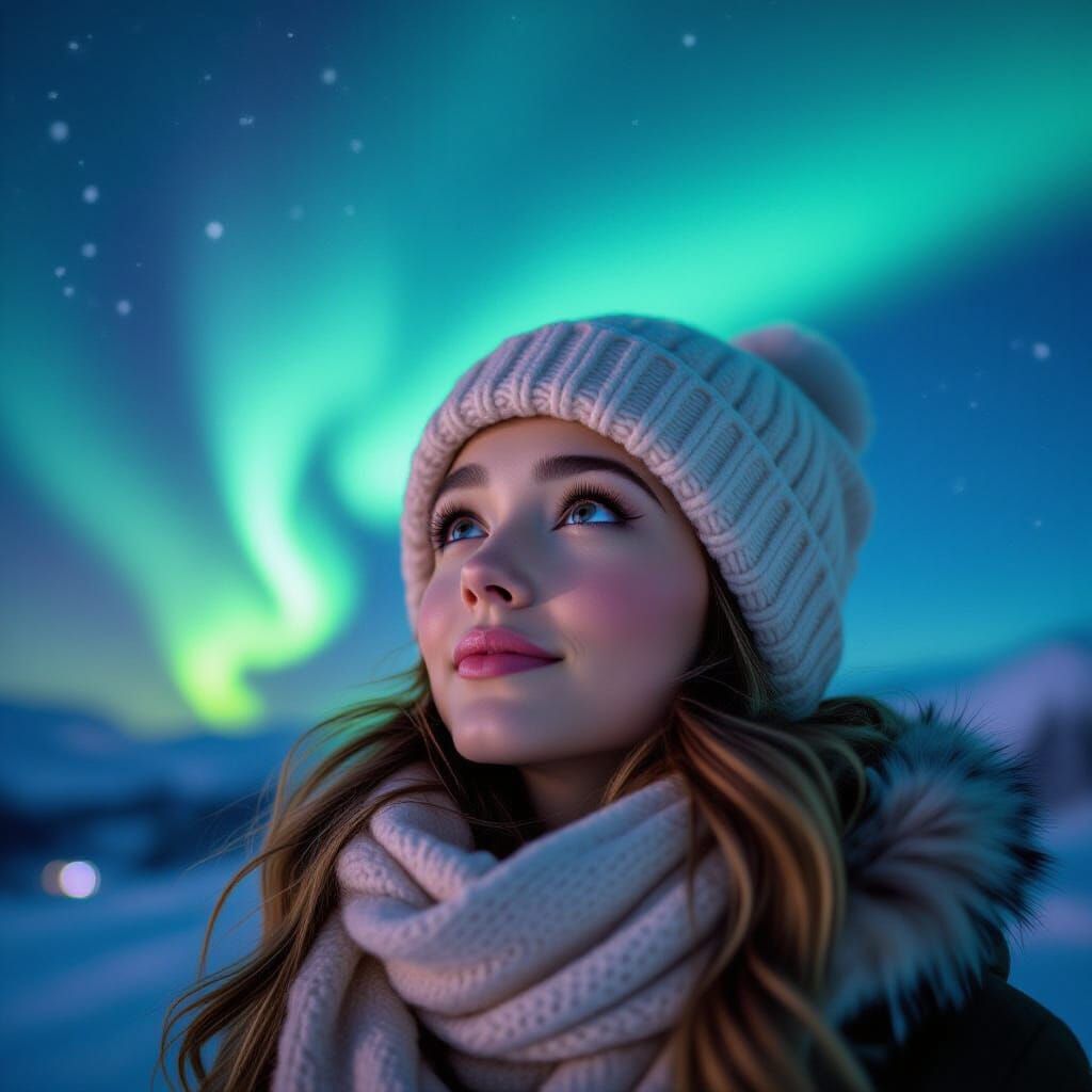 Girl Gazing at Northern Lights in Cinematic Film Style