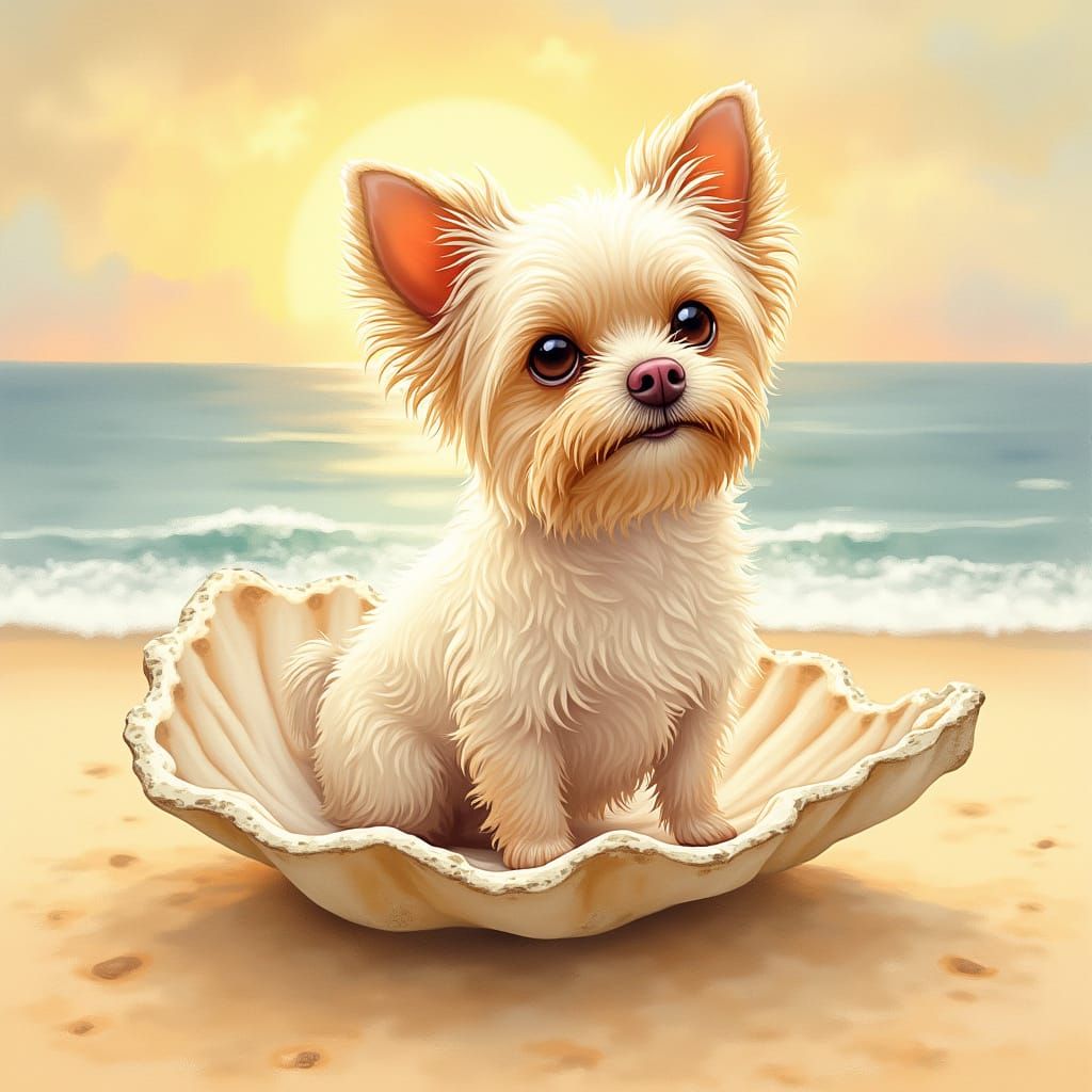 Blonde Chihuahua Yorkie Stepping on a Seashell in a Whimsica...