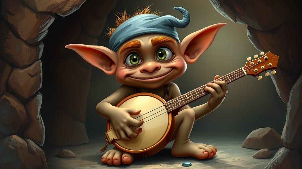 Young Troll Plays Banjo in Cave with Whimsical Style