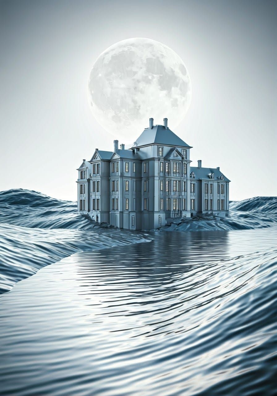 Luxurious Futuristic Manor House Under Full Moonlight