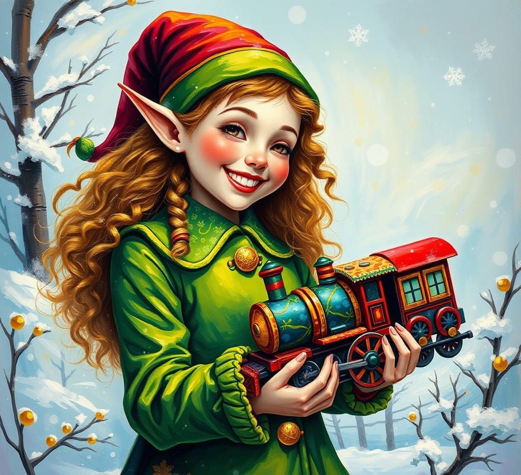Vibrant Christmas Elf Portrayed in Impasto Style