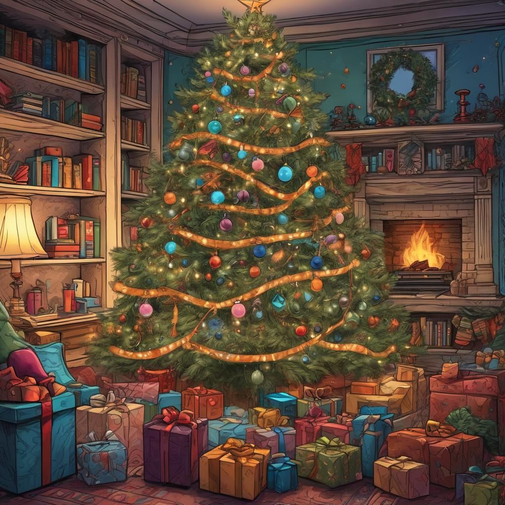 Festive Christmas Tree Doodle Sketch in Cozy Room