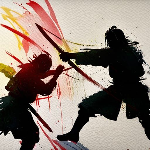 Samurai Sword Fight in Gouache Watercolor Style