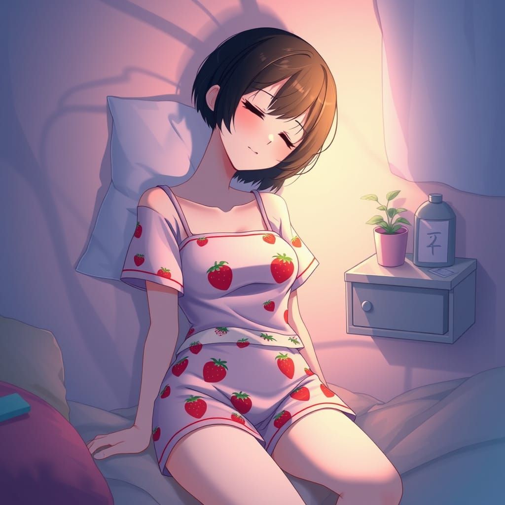 Anime Woman Sleeping in Strawberry Outfit, WLOP Style
