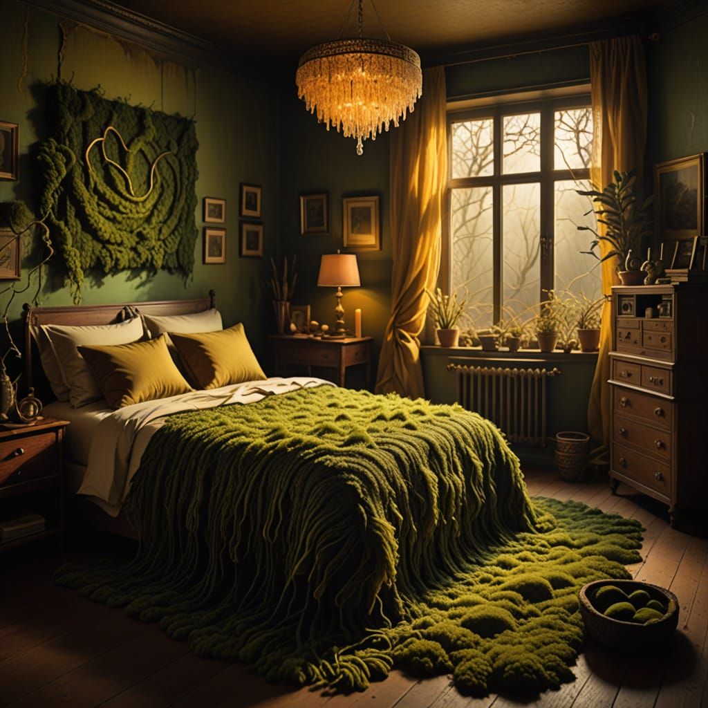 Warm Bedroom with Glowing Moss in Rothko Style