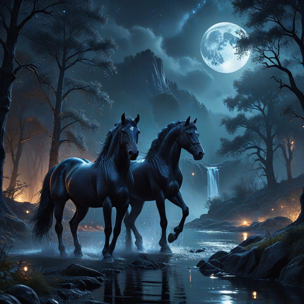 Ethereal Nighttime Landscape with Black Horse and Mare under...
