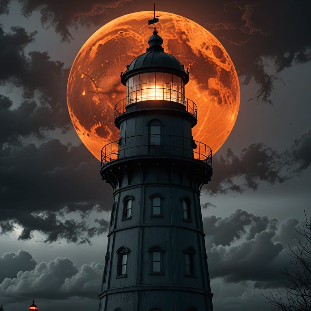 Lighthouse Under a Blood Moon in Dramatic Hypermodern Ink Dr...