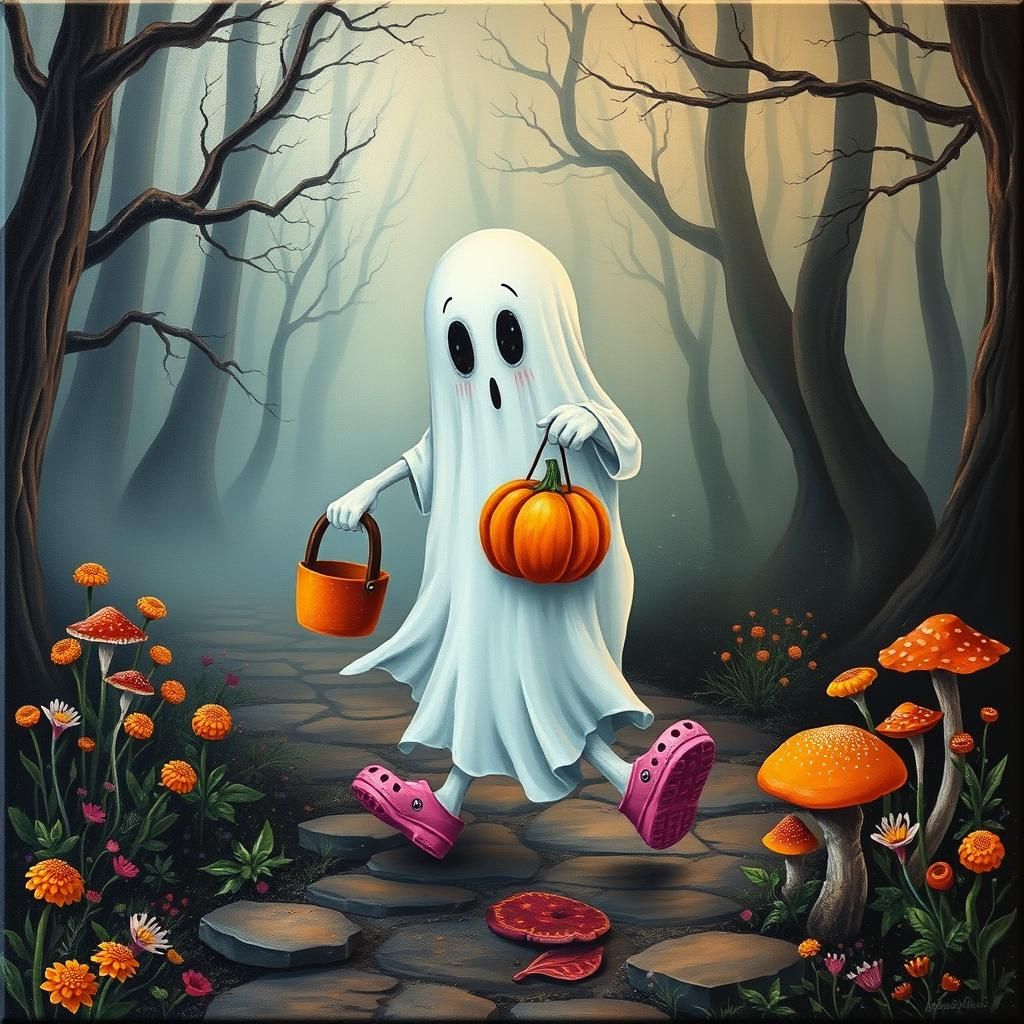 Whimsical Ghost Walks in Enchanted Forest Painting