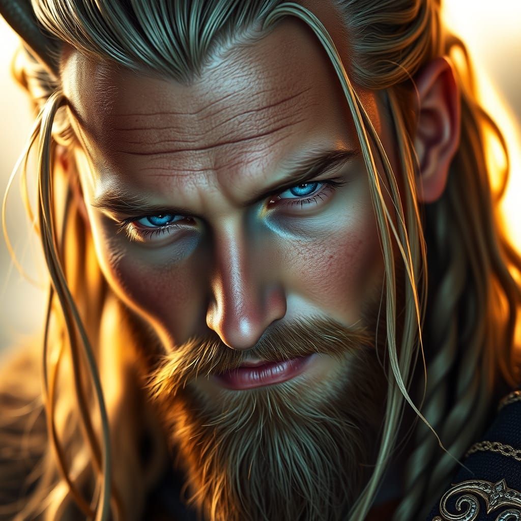 Handsome Viking Man with Golden Skin and Blue Eyes
