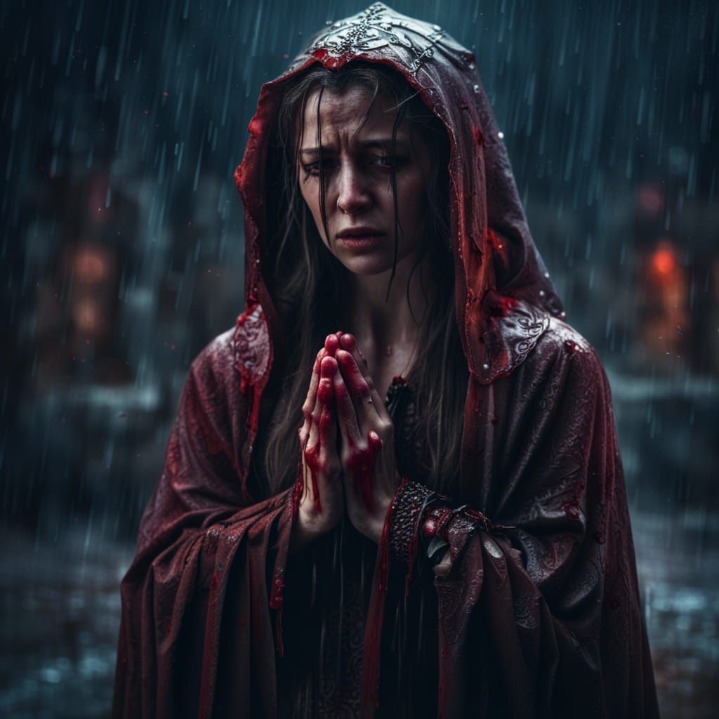 Medieval Woman Praying in Rain: Digital Matte Painting