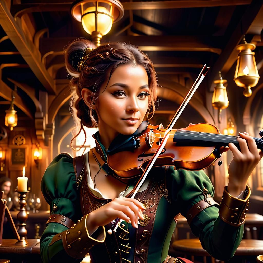 Steampunk Tiefling Bard Plays Violin in Tavern