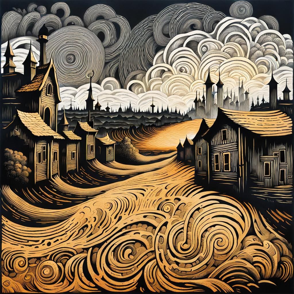 Dilapidated Town Under Relentless Assault: Etched Woodcut