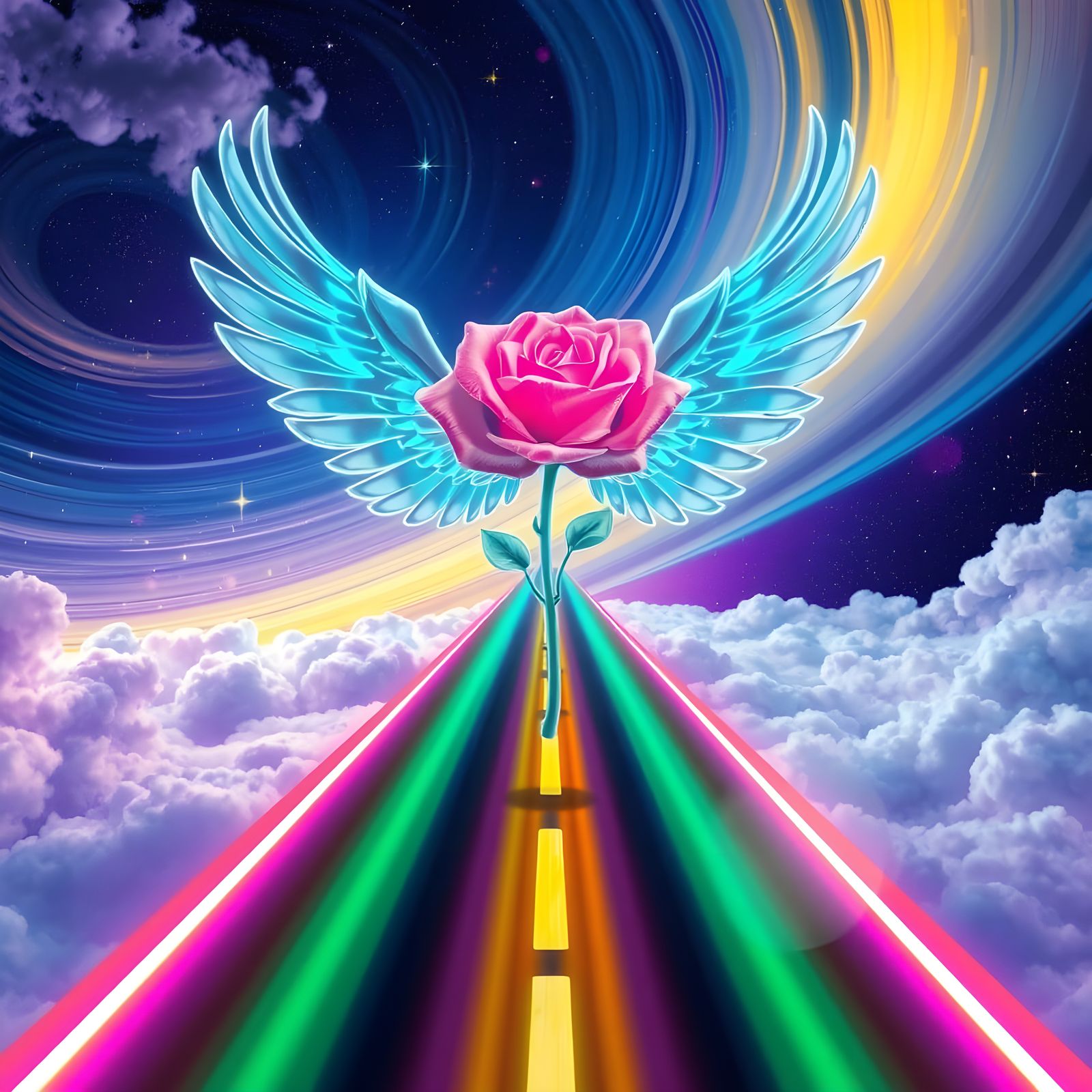 Winged Rose Soaring Across Neon Rainbow Road