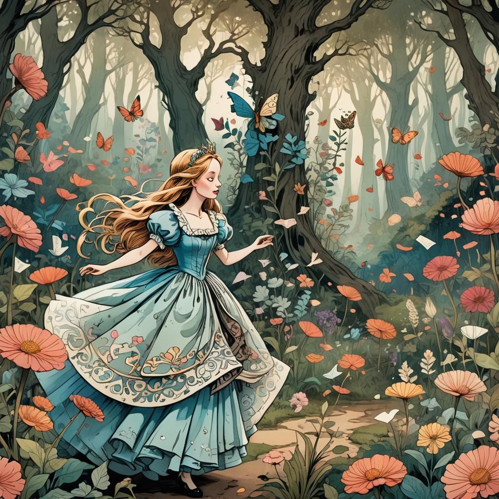 Alice in Wonderland Dances in Dreamlike Forest
