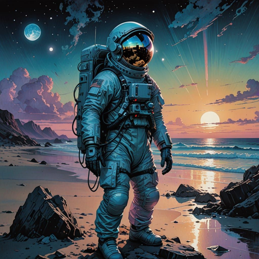 Surreal Iridescent Astronaut on Shimmering Beach