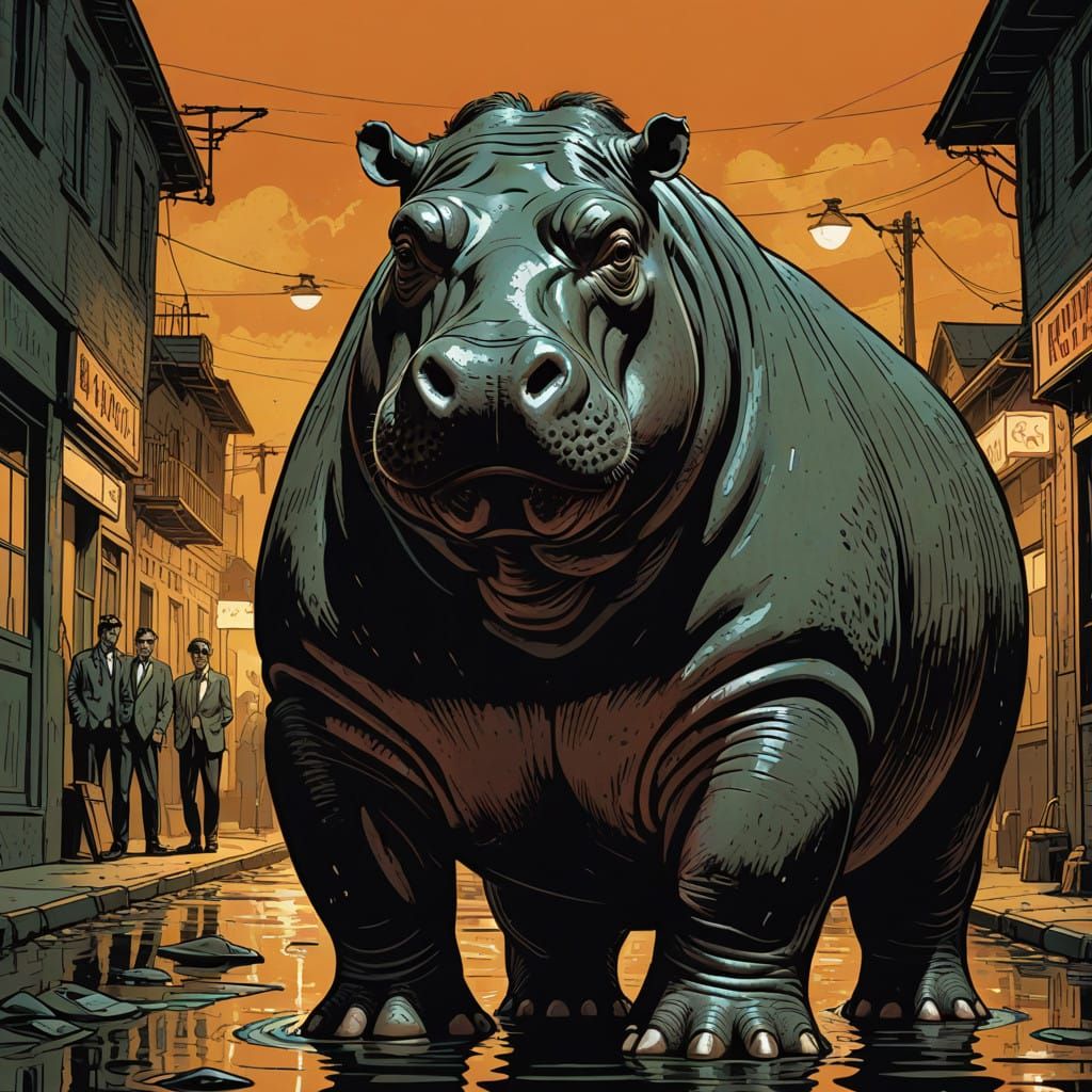 Majestic Hippopotamus in Pulp Art Style
