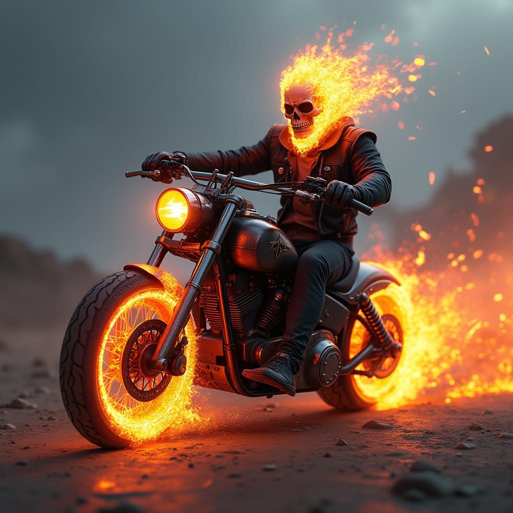 Ghost Rider Rides Motorcycle in Fantastical Art Style