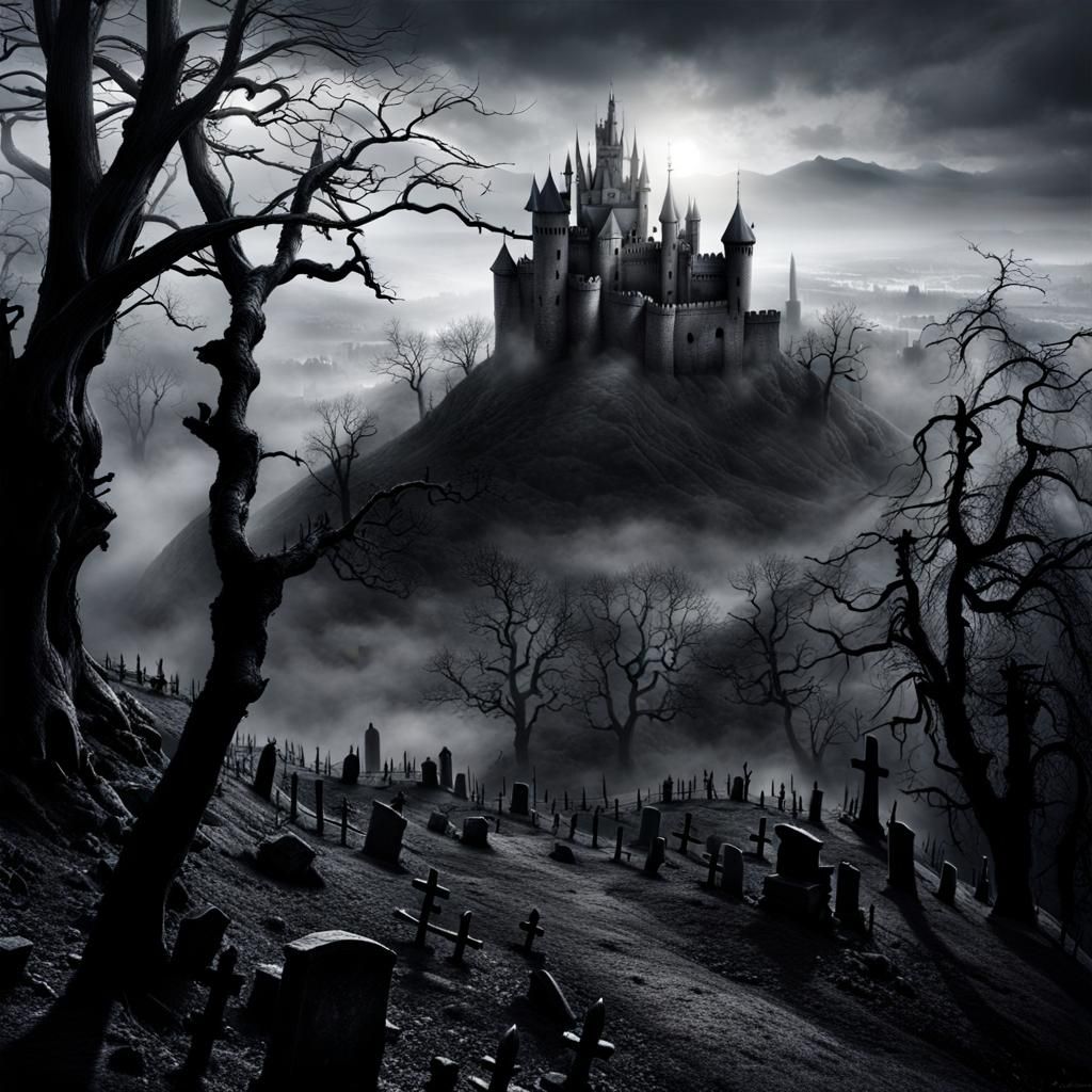 Misty Castle and Graveyard in Dark Fantasy Style