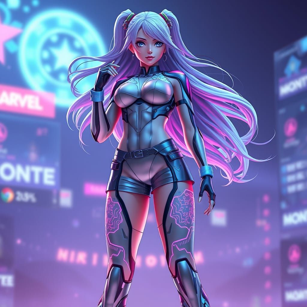 Surreal Anime Goddess in Futuristic Armor, Inspired by Neon-...