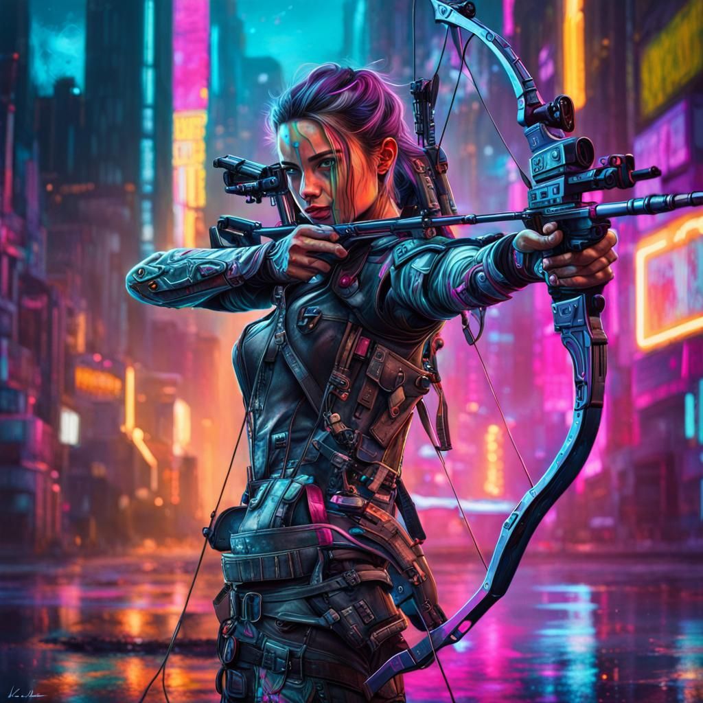 Futuristic Cyberpunk Archer in Neon Lit Cityscape