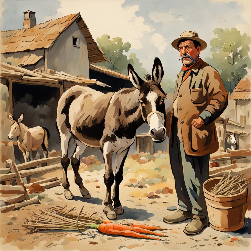 Donkey and Carrot in Farmyard Scene