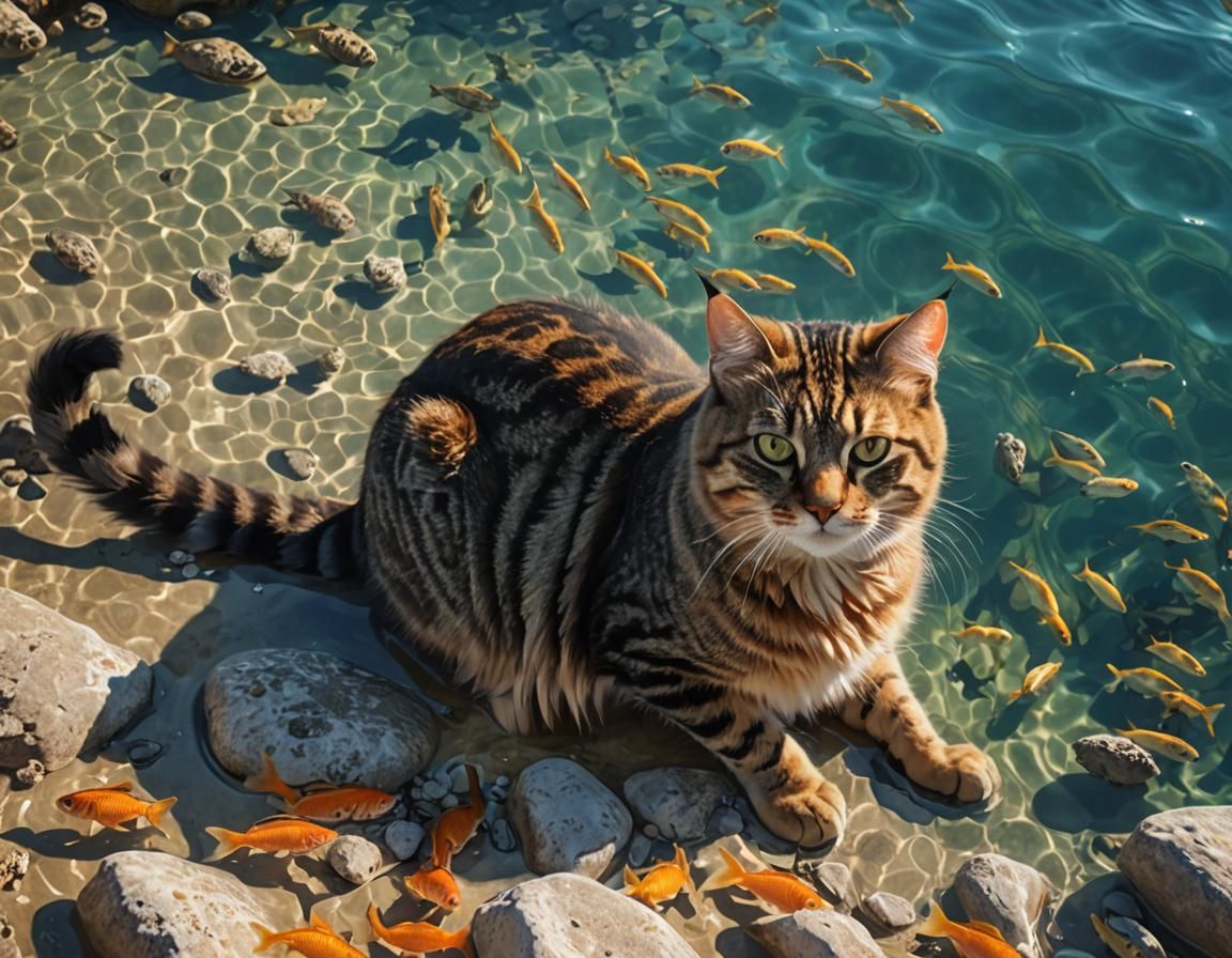 Cat Watching Fish in Greece: Hyperrealistic Digital Art