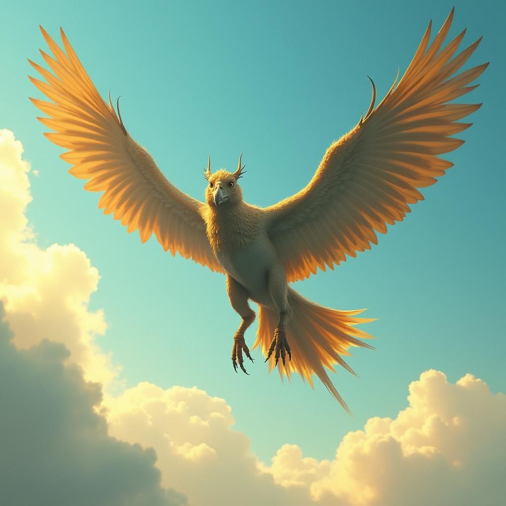 Majestic Four-Winged Avian Creature in Surreal Landscape