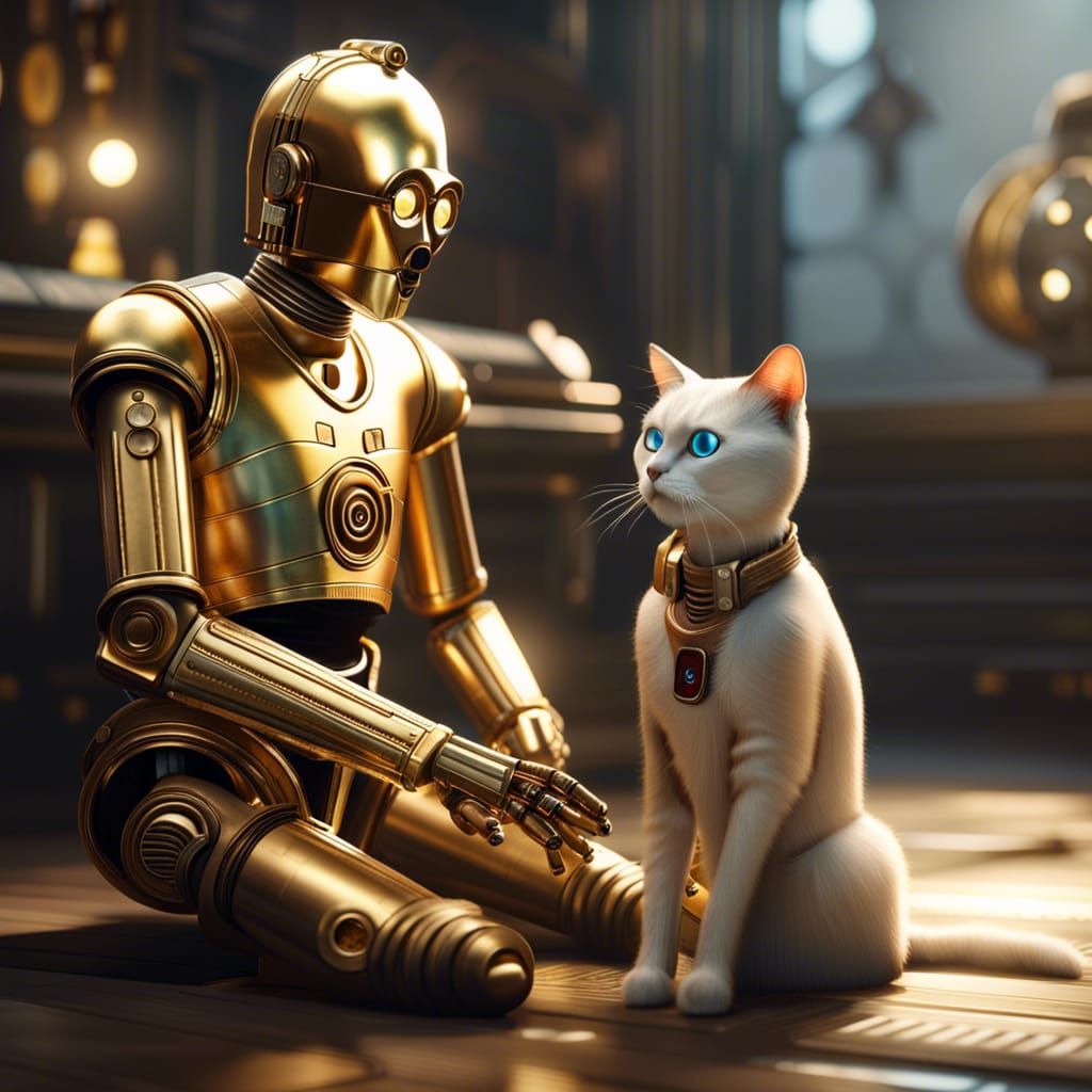 C-3PO and Cat Robot in 3D Game Style