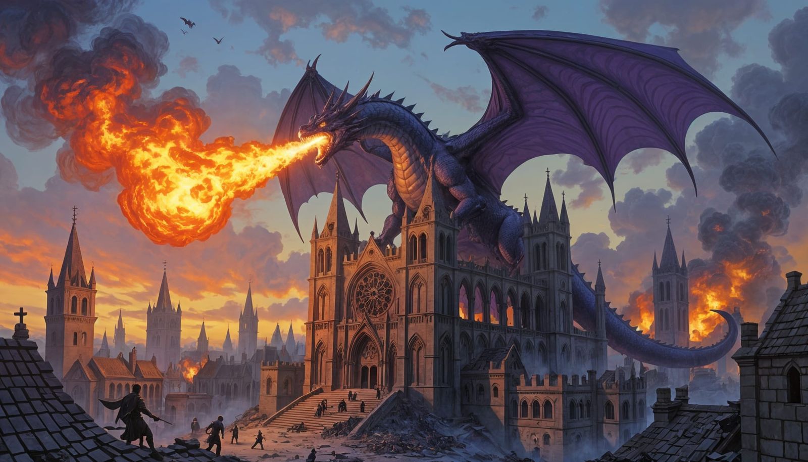 Giant Purple Dragon Attacks Medieval City from Ruined Cathed...