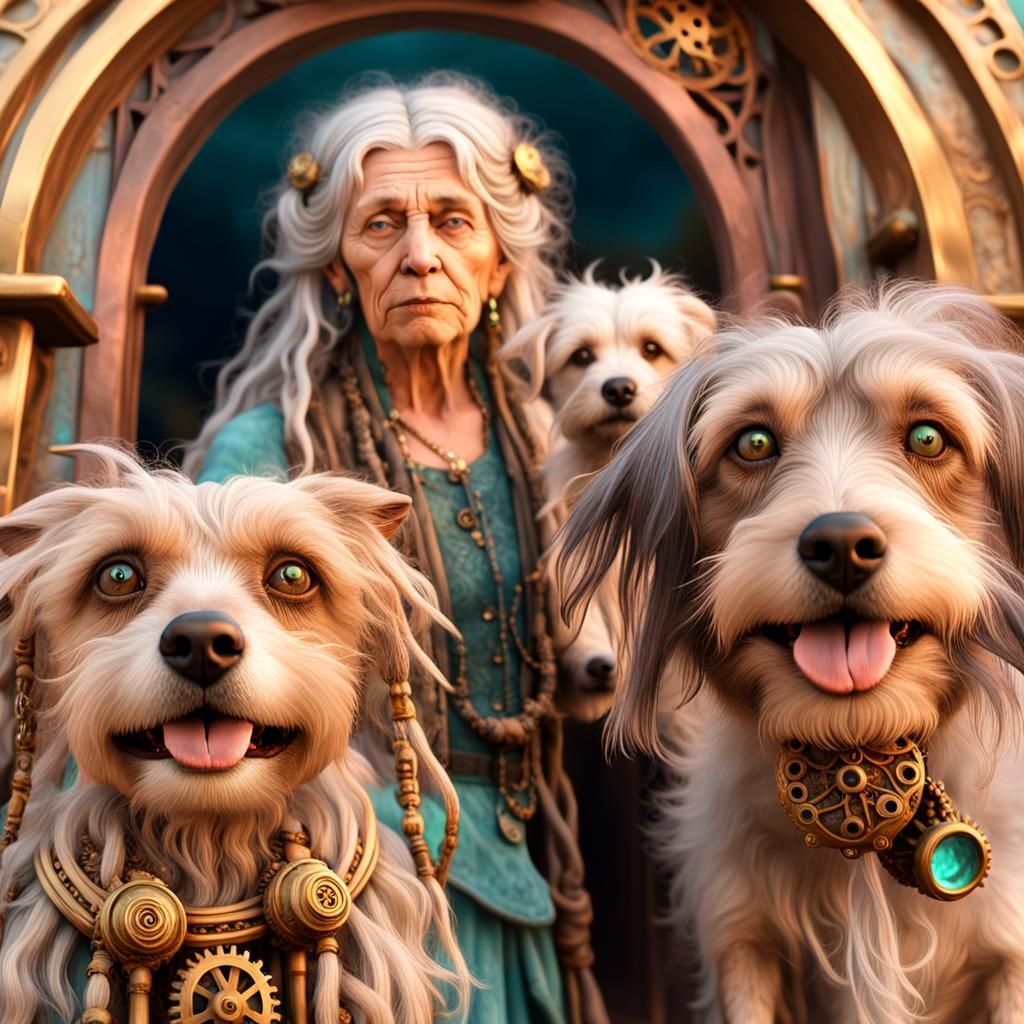 Steampunk Gateway: Woman and Dogs in Wonderland