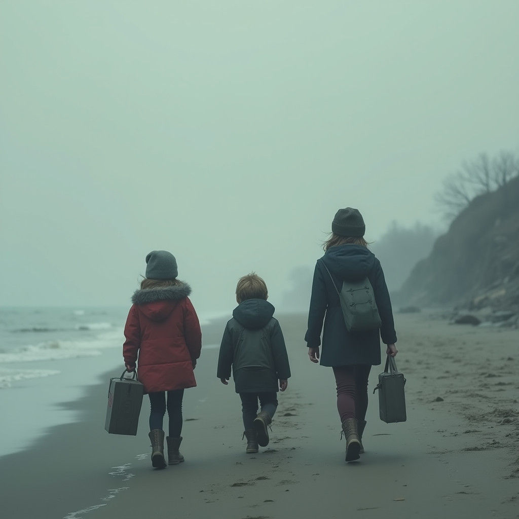 Children Walk to Misty Beach in Cinematic Style