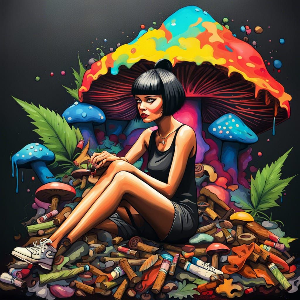 Whimsical Woman Amidst Cigars and Mushrooms in Graffiti Art