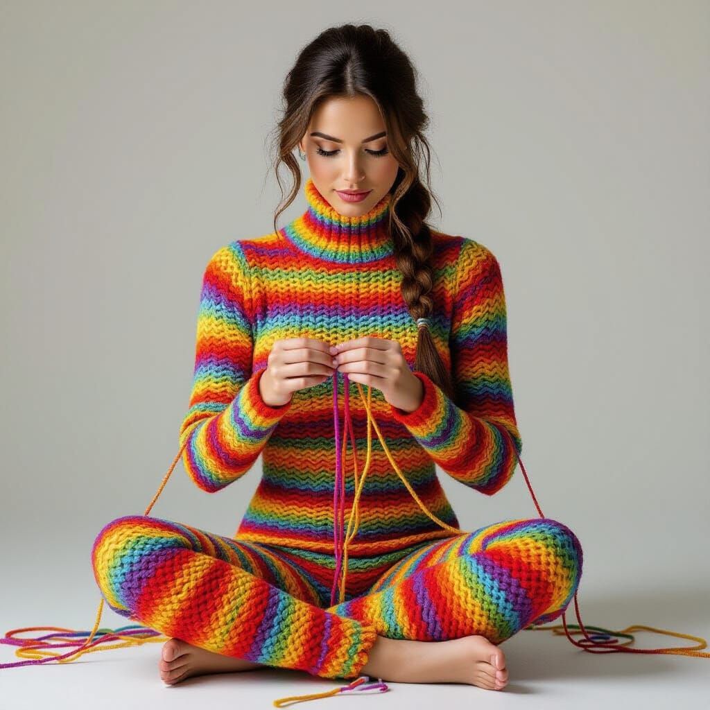 Yarn Woman Knitting Herself: Surreal Art