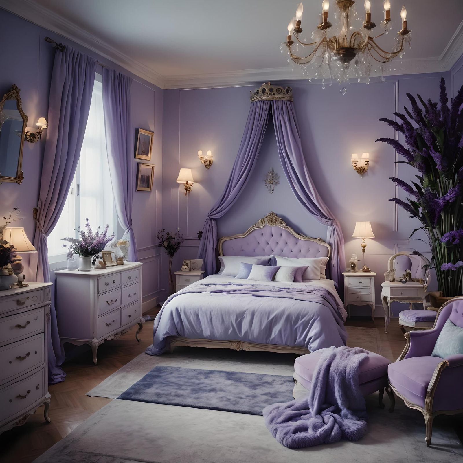 Lavender Bedroom with Narnia Wardrobe: Cinematic Film Still