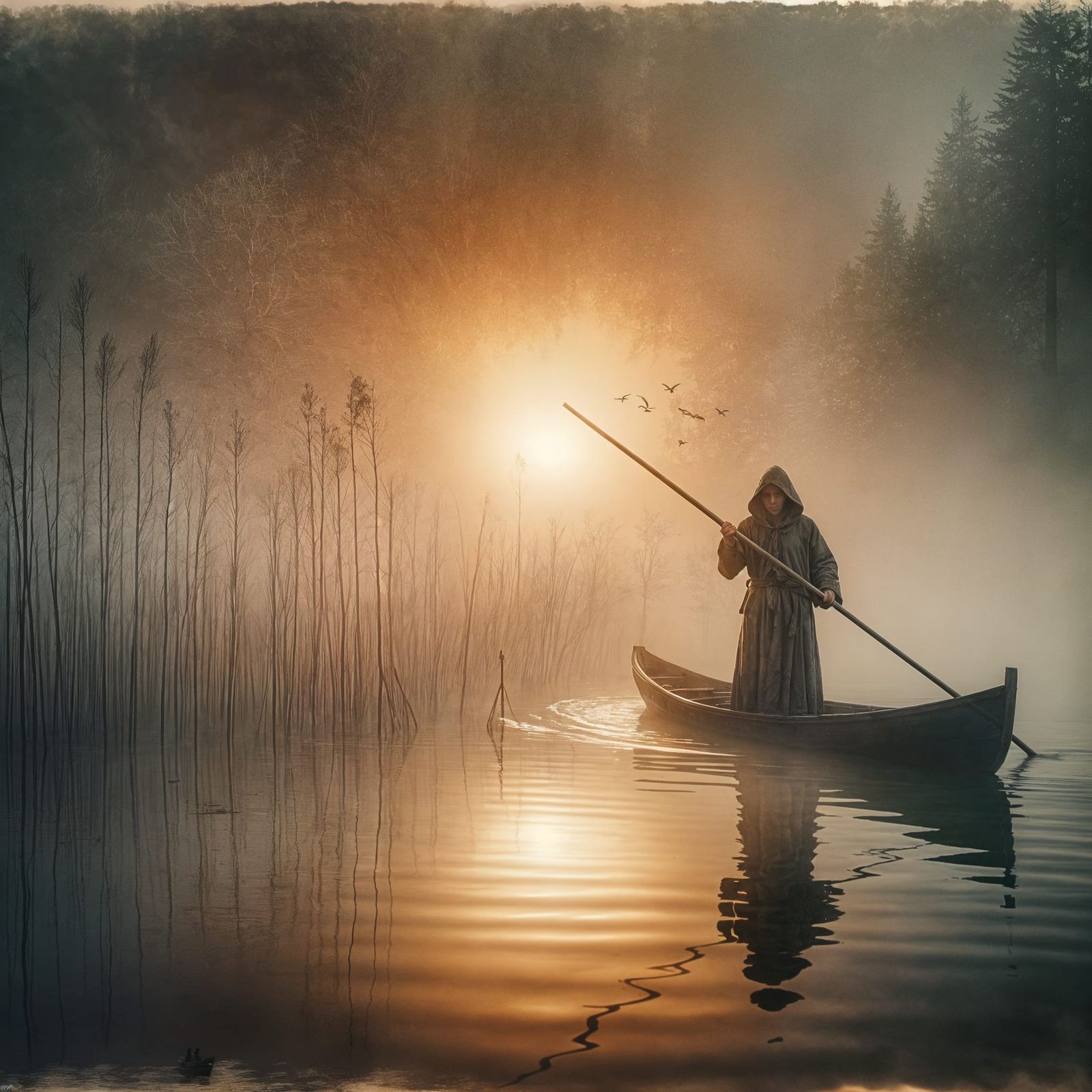 Hooded Figure Navigating Misty Lake in Watercolor