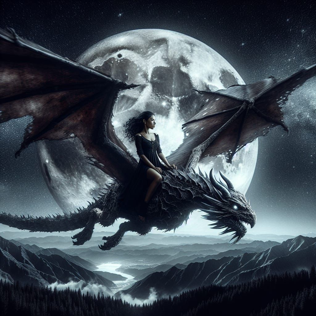 Hispanic Girl Rides Dragon in Starry Night